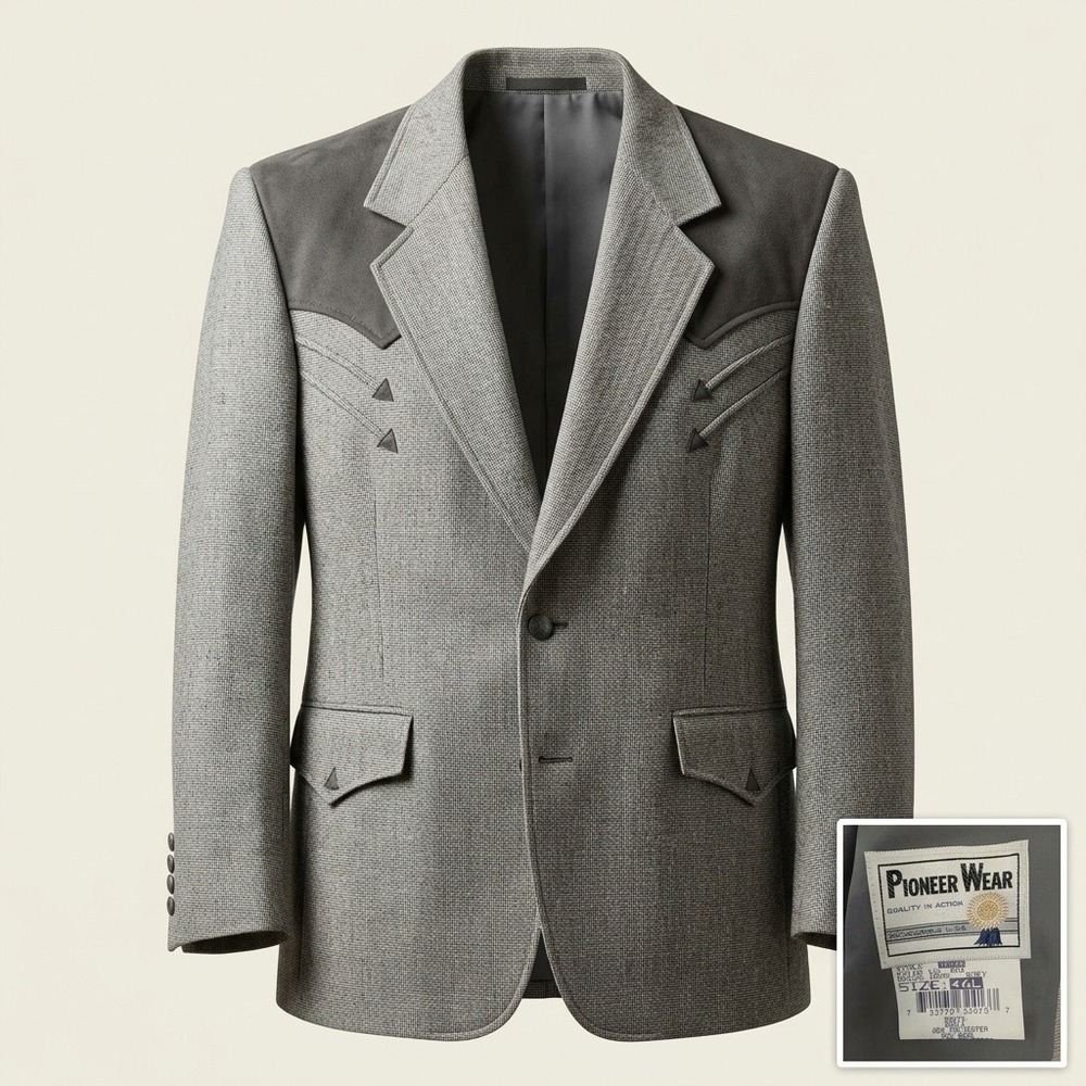 Pioneer Wear Western Blazer Mens 46L Grey Wool Suede Yoke Sport Coat Vintage